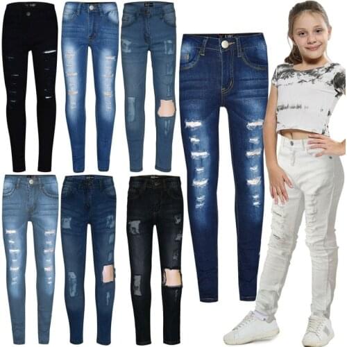 Kids Jeans Girls Skinny Denim Ripped Stretchy Pants Jeggings New Age 3-13 Years Fashion Ripped Pants