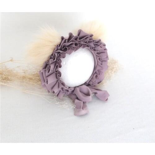 Baby Mauve Hat Cute Double Pom Hat Newborn Bear Bonnet Fuzzy Animal Cap Infant Bonnet Photography Props Baby Photo Shoot