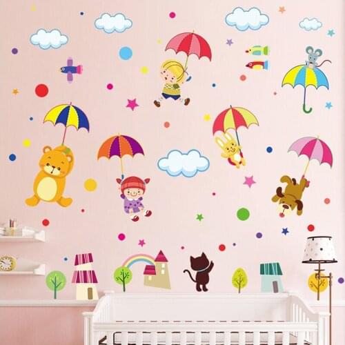 DIY Cartoon Animals Clouds Umbrella Wall Stickers for Baby Kids Room Bedroom Nursery Wall Decoration PVC Removable Vinyl Decals