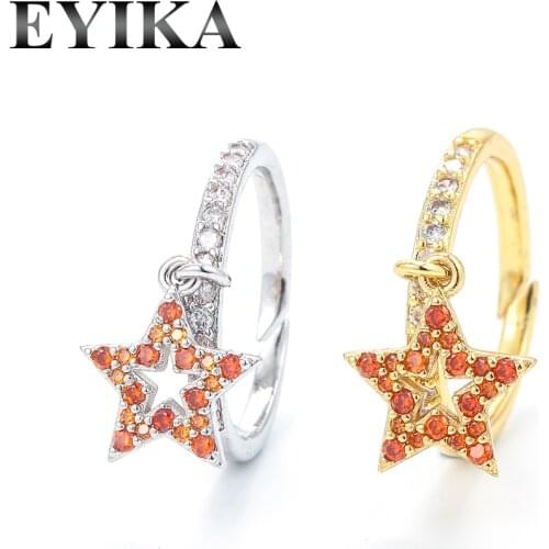 EYIKA Cute Orange Star Pendant Shine CZ Ring for Girl Cubic Zirconia Adjustable Open Design Fashion Anillo Gold Silver Color