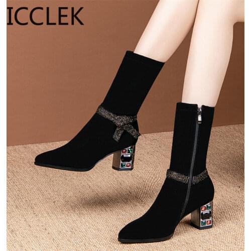 ICCLEK 2020 Women Mid-Calf Boots Flock Winter Short Plush Pointed Toe Zipper High Heels Female Boots Size 40