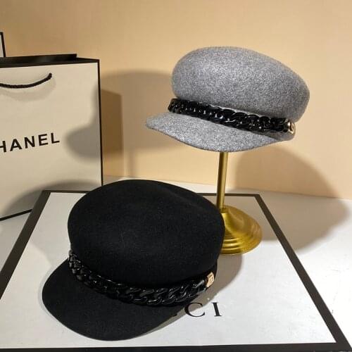 100% Wool Newsboy Caps Women Luxury Designer Visor Beret Hat with Chain Band Female Adjustable Winter Warm Military Cabbie Hats