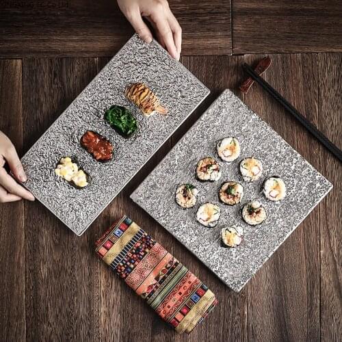 Japanese Style Retro Ceramic Dinner Plate Creative Silver Stone Grain Flat Household Rectangular Sushi Plate Restaurant Supplies