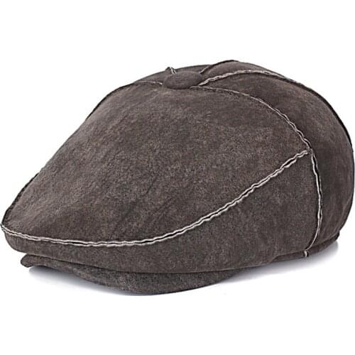 Winter Men Korean Thicken Hand-stitched Fur One Warm Forward Beret Male Genuine Leather Wool Hats Fitted black/Grey Tab Boina
