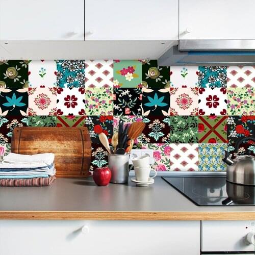 Colorful Flowers Pattern Strip Tile Stickers Glass Waistline Kitchen Stairs Decoration Wallpaper Peel & Stick Art Wall Decals