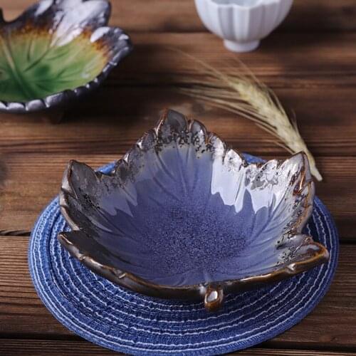 Creative Personality Ceramic Polygonal Plate Retro Leaf Salad Bowl Underglaze Color Household Ceramic Plate Dishes Dishes