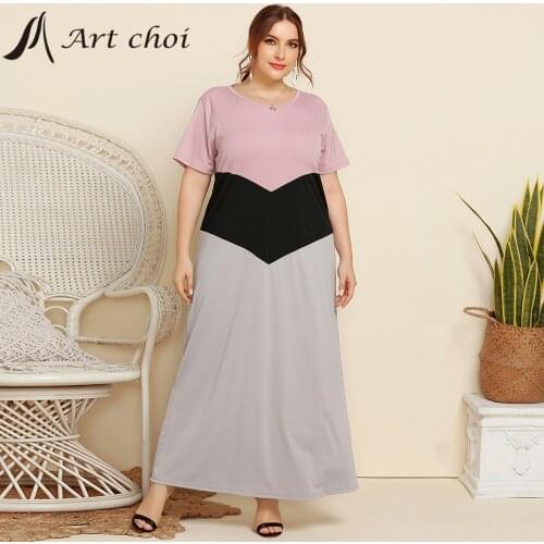 Summer Elegant Women Contrast Color Long Dress Party Female Korean Style Loose Splicing Skirt Ladies Simple Vestido Plus size