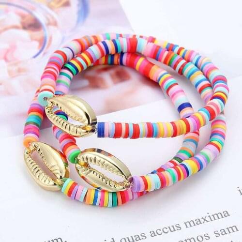 New Gold Shell Beaded Bracelet Women Boho Colorful Adjustable Elastic Soft Pottery Polymer Clay Rainbow Beach Party Bracelets