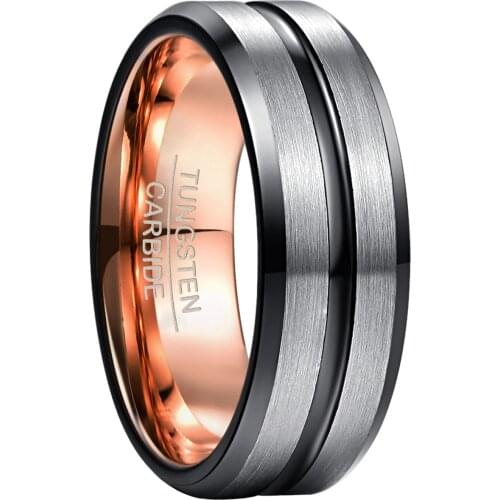 NUNCAD 8mm Tungsten Carbide Ring Electroplated RoseGold Inner Ring+ Black Bevel Groove/steel Frosted Surface Tungsten Steel Ring