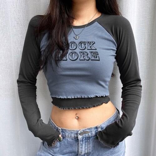 Casual Slim Tshirt O Neck Long Sleeve Sexy Crop Top Wood Ear Letters Print Female Korean Fashion Autumn Navel Slim Fake Two Tops