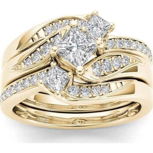 Princess 3Pcs set Charm Yellow Ring Anniversary Engagement Bridal Wedding Rings Jewelry For Women