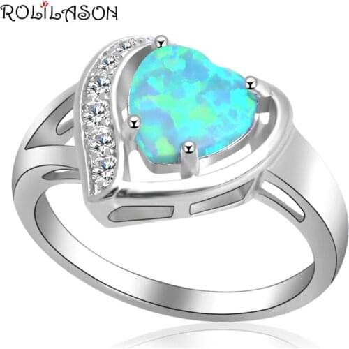 ROLILASON Heart desgin ring for women green opal white crystal silver plated Rings USA size #6#7#8#9#10 OR914