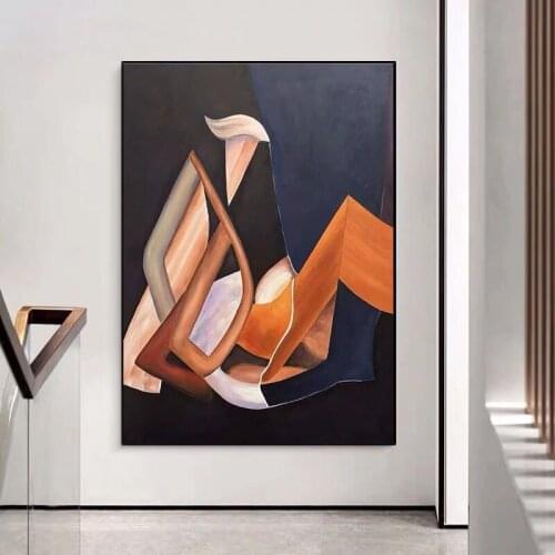 Hand Painted Abstract Oil Painting Wall Art Black Blue Orange Minimalist Decorative Modern On Canvas For Living Room No Frame