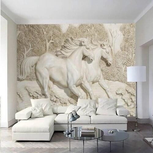Custom Home Improvement Self Adhesive Wallpaper for Walls Living Room 3D Stereo Relief White Horse Wallpaper Murals Waterproof