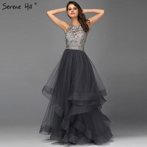 Grey Sleeveless Sexy A-Line Prom Dresses Design 2020 Backless Beading Crystal Prom Gowns Real Photo BLA70144