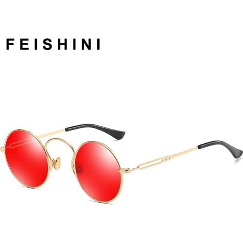 Feishini Original Brand Design Steampunk Polarized Sunglasses Women Round Metal Frame Vintage Mirror Punk Sunglass Men Punk