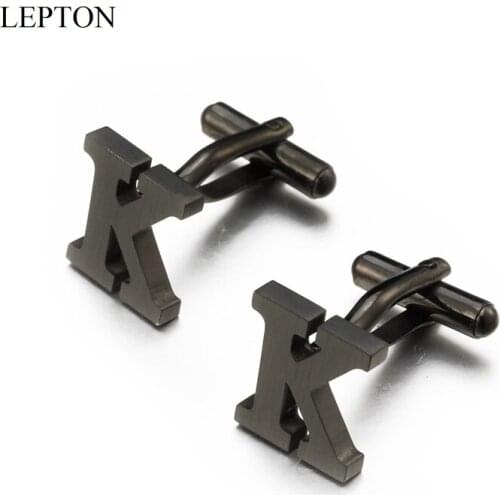 Lepton Stainless steel Letters K Cufflinks for Mens Black & Silver color Letter K of alphabet Cuff links Men Shirt CuffCufflink