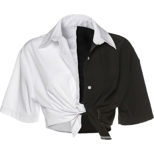 Women Short Sleeve Lapel Button T-Shirt Contrast Color Patchwork Top Harajuku Tie Knot Front Loose Blouse Cardigan