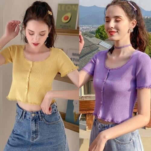 DAXIN Womens summer sexy slim knit T-shirt Korean fashion lace round neck solid color slim wild short knit T-shirt