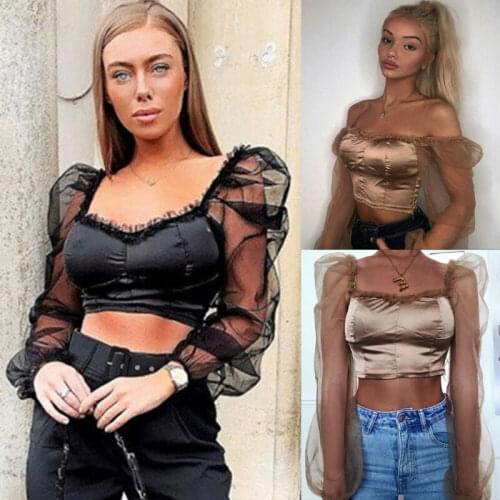 2020 Women Puff Sleeve Transparent Lace Mesh Tops Women Sexy Solid Sleeve Patchwork Knitting Short Shirt
