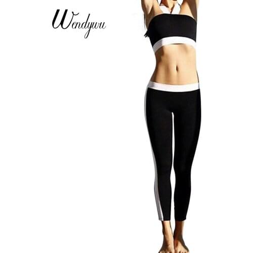 Wendywu Women Fashion New Side White Striped Mid Waist Stretch Black Bodycon Long Leggings