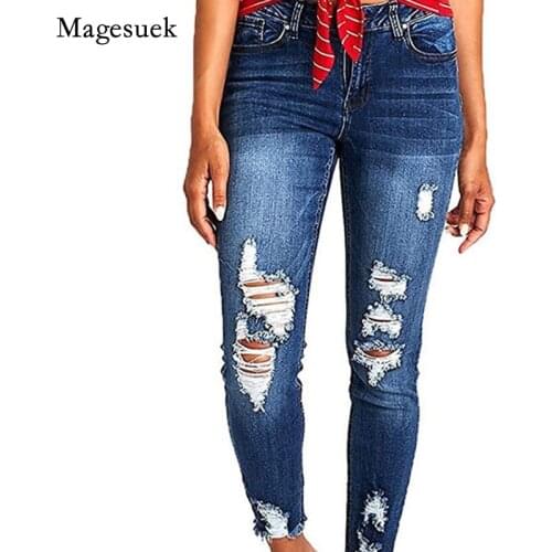 Autumn 2021 New Denim Jeans Cotton Skinny Jeans for Women Pencil Pants High Waist Ripped Washed Jeans Full Length Trouser 16219