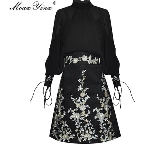MoaaYina Fashion Designer Set Spring Womens Lantern Sleeve Shirt Tops+Embroidery Sequins Skirt Two-piece set