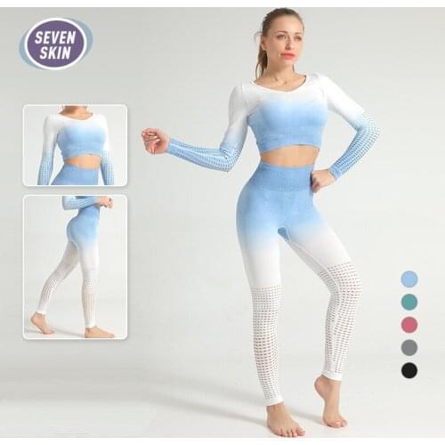 SEVEN SKIN Womens Yoga Set Gradient Sportswear Seamless Sports Clothing Gym Fitness Leggings Long Sleeve Crop Top Workout Suits