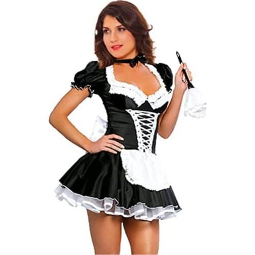 Womens French Maid Costume Sexy Black Satin Halloween Fancy Dress M-3XL