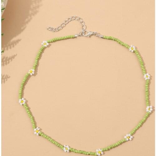 Korean Style Female Handmade Beaded Light Green Glass Beads White Flower Chokers Necklaces For Women Girls Gifts Party Jewelry