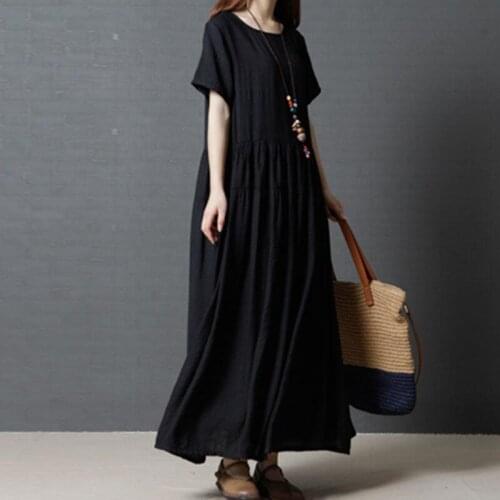 2020 women spring summer vestido loose cotton and line dress vintage comfortable solid 4color dress plus size women dress M-7XL