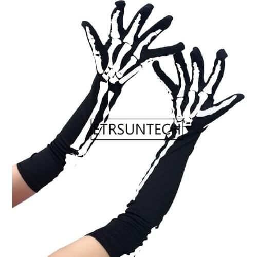 100pairs Fashion Unisex Gloves Halloween Skeleton Gloves Holloween Cosplay Props Skull Glove Long Hand Bones Sleeves