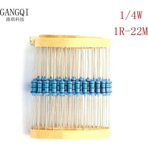 100PCS/LOTE 1/4W 0R-22M 1% Metal Film Resistor100R 330R 1K 4.7K 10K 22K 47K 100K 100 220 1K5 2K2 4K7 ohm resistance