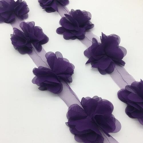 13pcs/yard 3D Deep Purple Chiffon Cluster Flowers Wedding Dress Bridal Fabric Lace Trim Fabric DIY Sewing