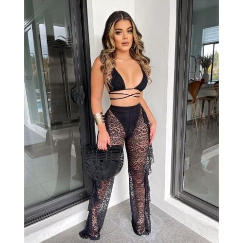 2021 Sexy See Through Leopard Pants Womens Bikini Mesh Cover-Ups Fashion High Waist Ruffles Straight-Leg Trousers Female