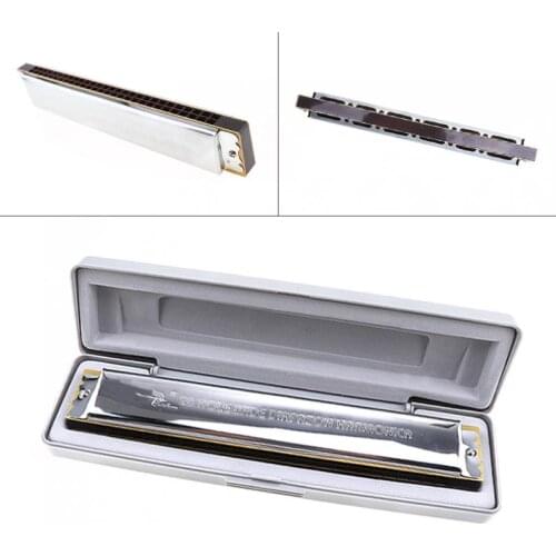 28 Holes Tone C Complex Tone Silver Harmonica Diatonic Blues Harp Mouth Organ Musical Instrument with Plastic Box for Beginner