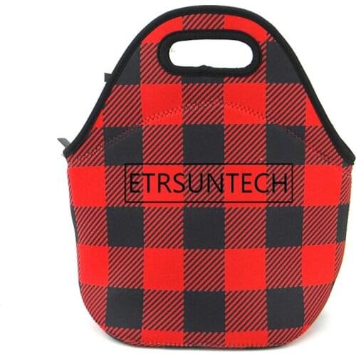 50Pcs/Lot Red Plaid Neoprene Food Carrier Bag Lunch Box Bag Women Picnic Bag Team Accessories Holder Tote