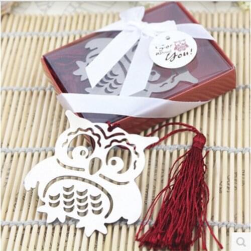 Free Shipping 10pcs/lot Creative Hollow Out Owl Book Markers Stainless Steel Metal Bookmarks Wedding Favor Gifts with Tassels