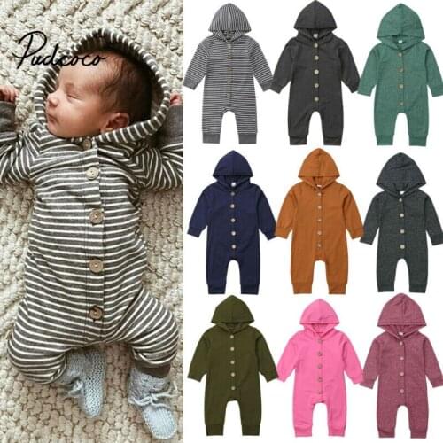 Newborn Baby Boys Girls Unisex Autumn Solid+Striped Rompers Baby Kids Cotton Cute Clothes Romper Hooded Jumpsuit Outfits