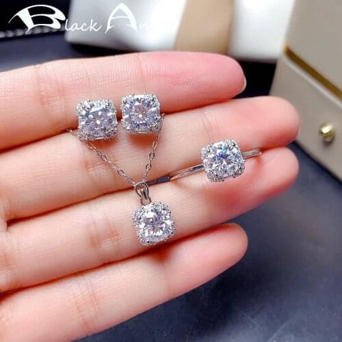 BLACK ANGEL 2 Carats 925 Silver Wedding Jewelry Sets inlaid Shiny White Gemstone CZ Earrings Necklace Resizable Ring For Women