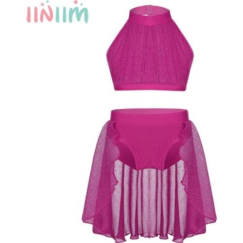 2PCS Kids Girls Outfit Childrens Sets Sleeveless Crop Top with Bottoms Set for Celebration Lyrical Dance Ballet Costumes