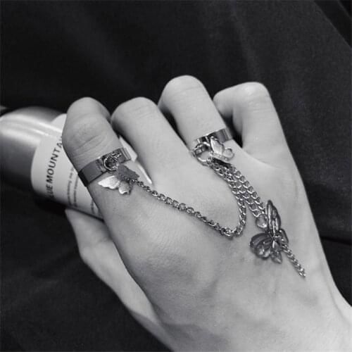 Fashion Hip Hop Style Silver Color Chain Butterfly Ring Set Punk Adjustable Opening Finger Rings Womens Jewelry Gift
