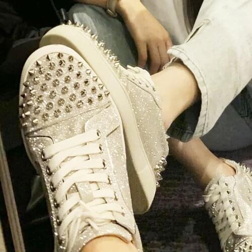 Rivet Stud Round Toe Fashion Sneakers Lace Up Platform Flat Trainers Plus Size Unisex Couple Shoes Cozy Bling Sequins Street Hot