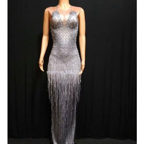 Summer Tassel Pearls Sleeveless Long Dress Women Birthday Prom Party Night Bodycon Dresses Sexy Singer Stage Performance Outfit