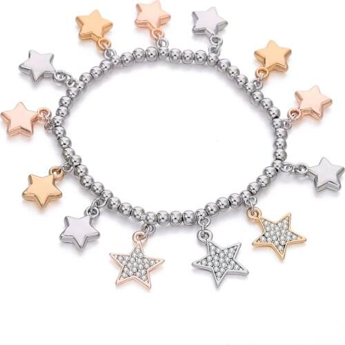Multi Star Heart Round Beads Crystal Charms Bracelet Mix Color Gold Color Beads Chain Elastic Trendy Jewelry Gifts Girl 2019