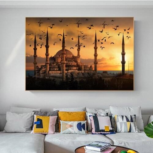 Blue Mosque In Istanbul Landscape Canvas Painting Posters and Prints Sunset Wall Art Sunset Islam Pictures for Home Decor