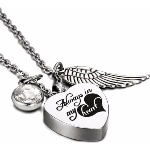 Stainless Steel Always in My Heart Locket cremation memorial ashes urn heart necklace jewelry keepsake birth stone pendant