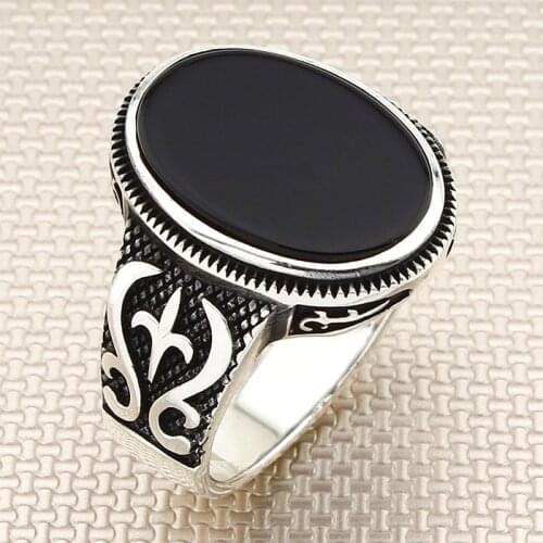 Oxidized Big Oval Black Onyx Stone Men Silver Ring Made in Turkey Solid 925 Sterling Silver