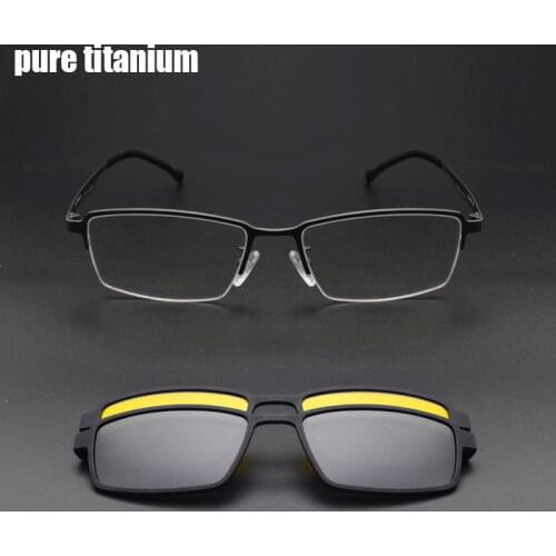 Spectacle Frame Pure Titanium Matte Black Glasses Frame Large For Men with Magnet Clips Mirror Sunglasses Night-Vision Mirror