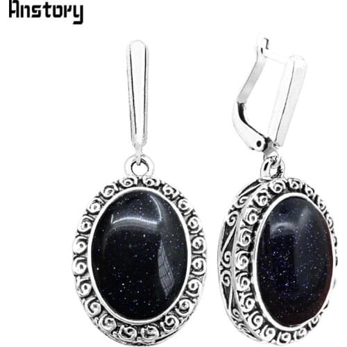 Oval Dark Blue Sequins Stone Earrings For Women Hollow Flower Pendant Antique Sliver Plated Vintage Fashion Jewelry Gift TE302